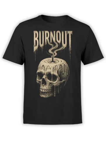 Black T-shirt with distressed melting skull, curling smoke, and bold BURNOUT lettering across the chest