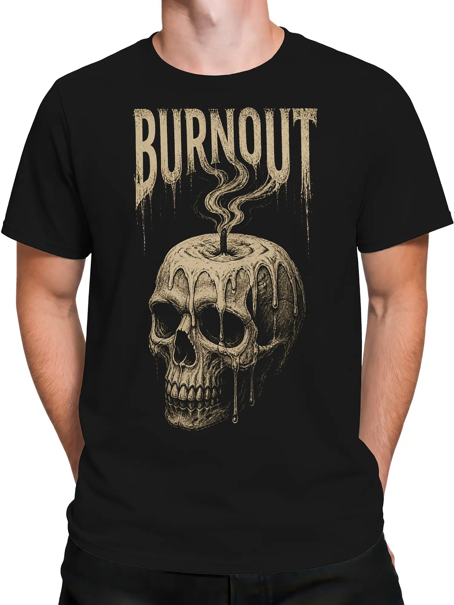 Male torso wearing a black T-shirt with a vintage distressed skull and BURNOUT lettering