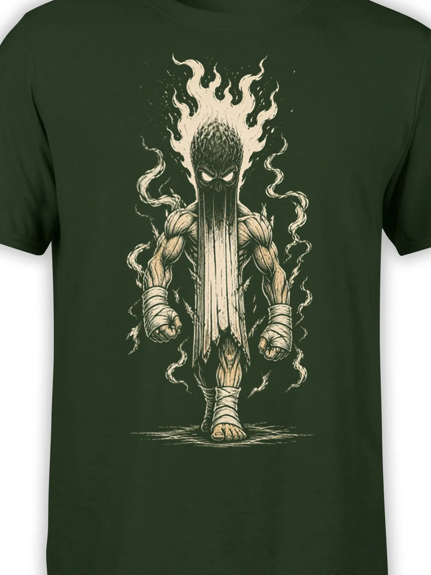 Close-up of the flaming fantasy warrior design printed in cream on a dark green T-shirt