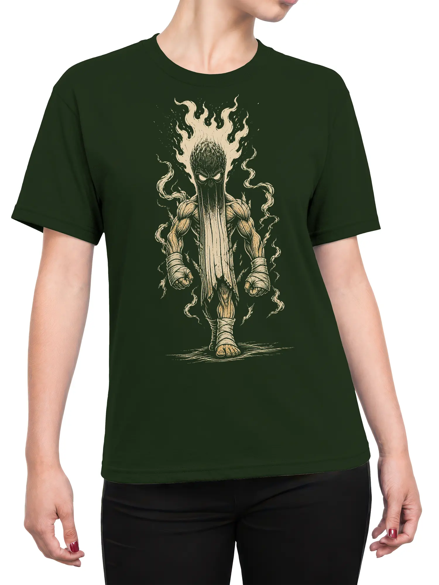 Female torso wearing a dark green T-shirt with a vintage flaming fantasy warrior design
