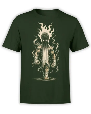 Dark green T-shirt with a muscular fantasy warrior surrounded by flames in vintage cream artwork