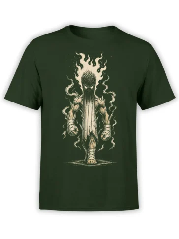 Dark green T-shirt with a muscular fantasy warrior surrounded by flames in vintage cream artwork