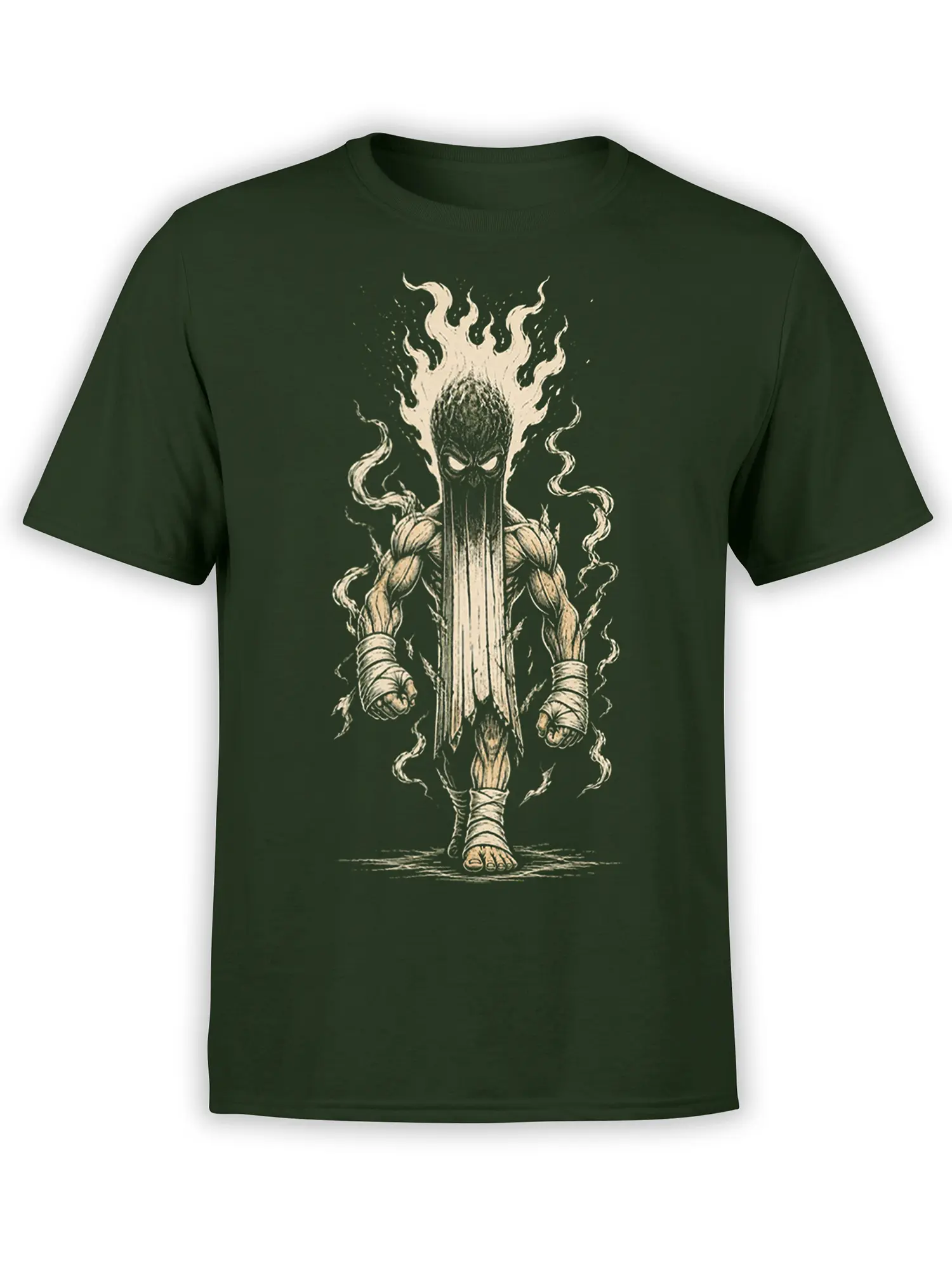 Dark green T-shirt with a muscular fantasy warrior surrounded by flames in vintage cream artwork