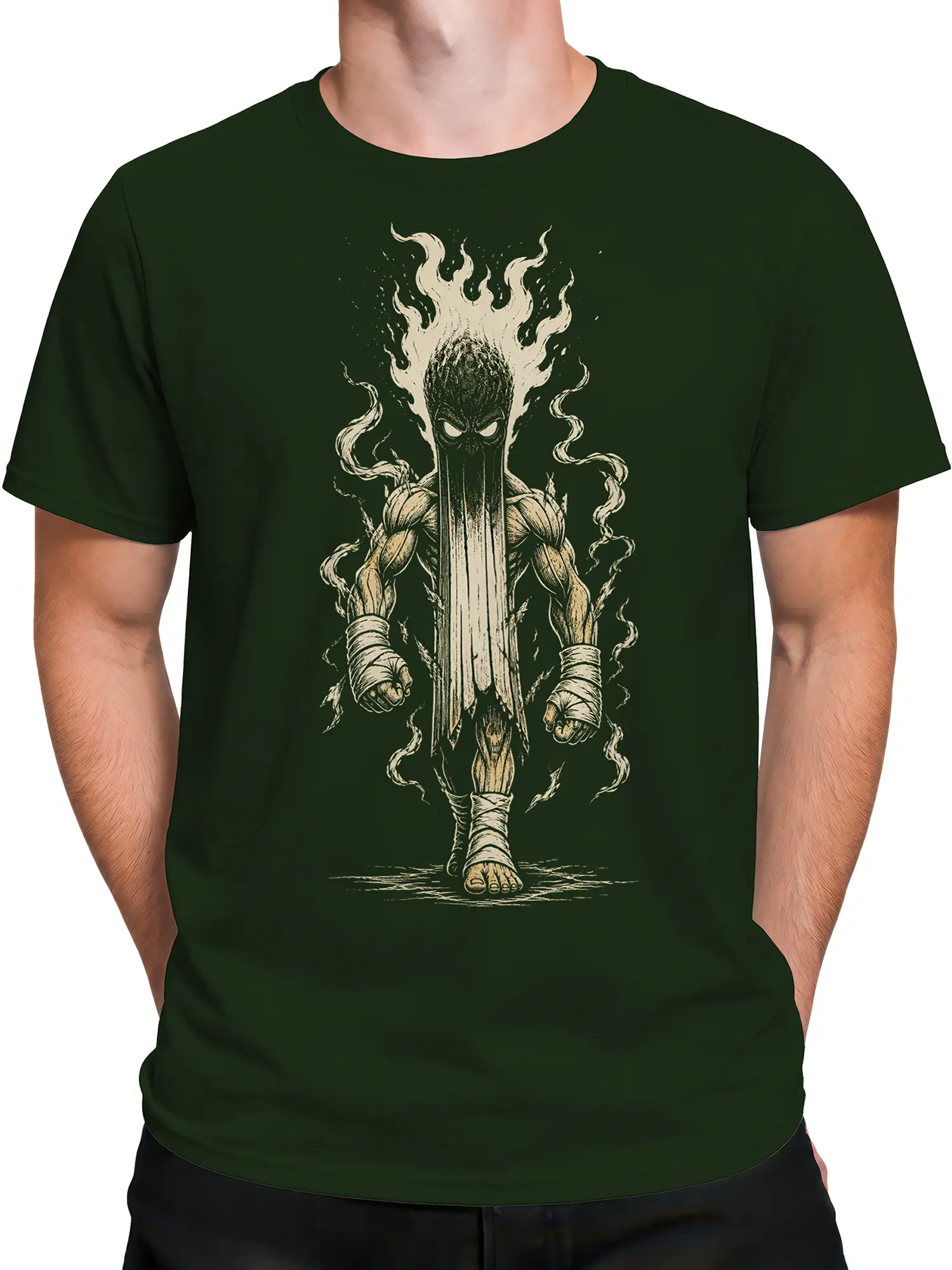 Male torso wearing a dark green T-shirt with a muscular flaming warrior graphic