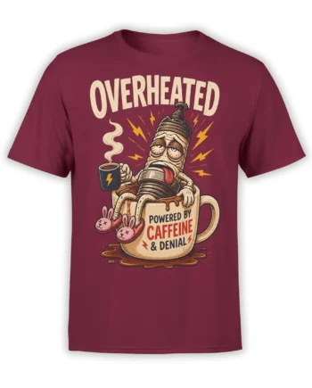 Overheated mummy coffee design with bunny slippers and caffeine slogan on a burgundy T-shirt