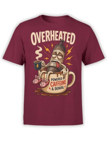 Overheated mummy coffee design with bunny slippers and caffeine slogan on a burgundy T-shirt