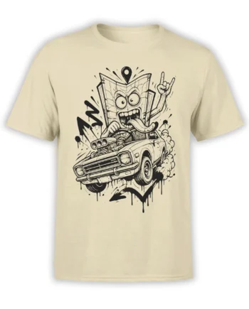 Beige T-shirt with an angry open book driving a muscle car in bold black retro artwork