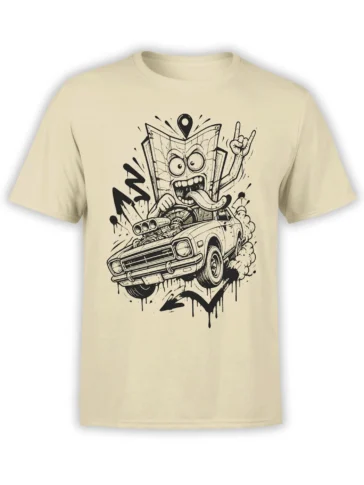 Beige T-shirt with an angry open book driving a muscle car in bold black retro artwork