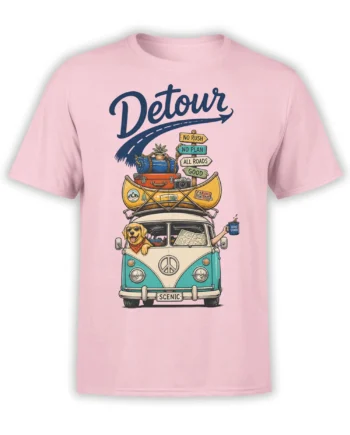 Pink T-shirt with retro dog road trip design, vintage van, canoe, travel gear, and scenic route signs