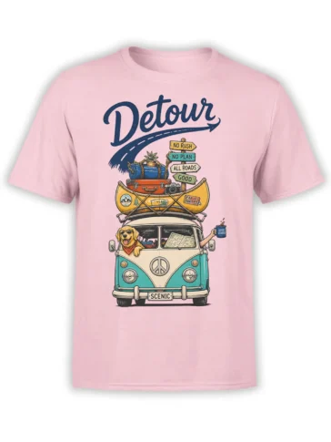Pink T-shirt with retro dog road trip design, vintage van, canoe, travel gear, and scenic route signs