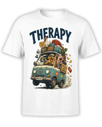 White animal road trip T-shirt with a colorful van, dog, raccoon, pig, chicken, and turtle