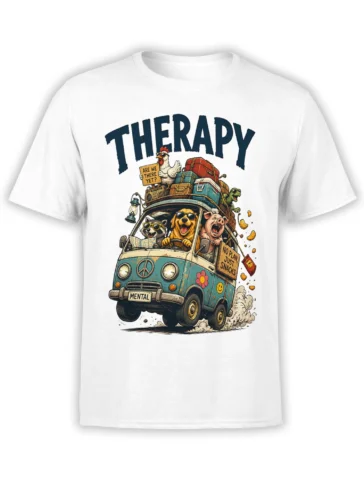 White animal road trip T-shirt with a colorful van, dog, raccoon, pig, chicken, and turtle