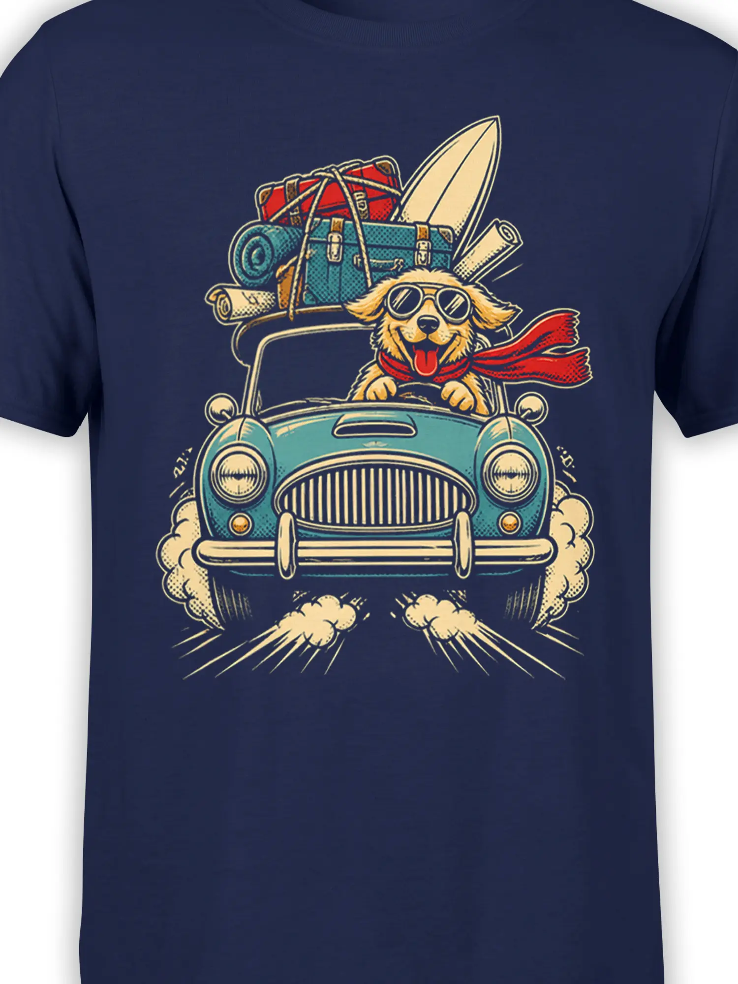 Close-up of the goggle-wearing dog, red scarf, surfboard, and vintage car graphic on navy blue fabric