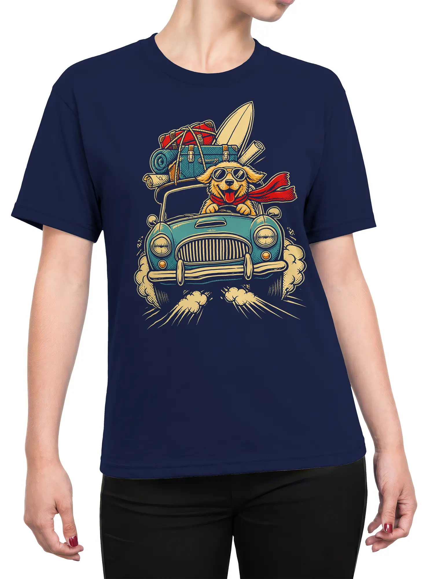 Female torso wearing a navy blue dog T-shirt with a goggle-wearing pup driving a vintage car