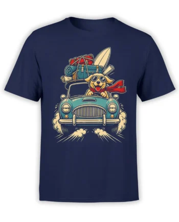 Goggle-wearing dog driving a vintage turquoise car with a surfboard on a navy blue T-shirt