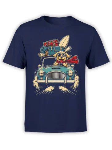 Goggle-wearing dog driving a vintage turquoise car with a surfboard on a navy blue T-shirt