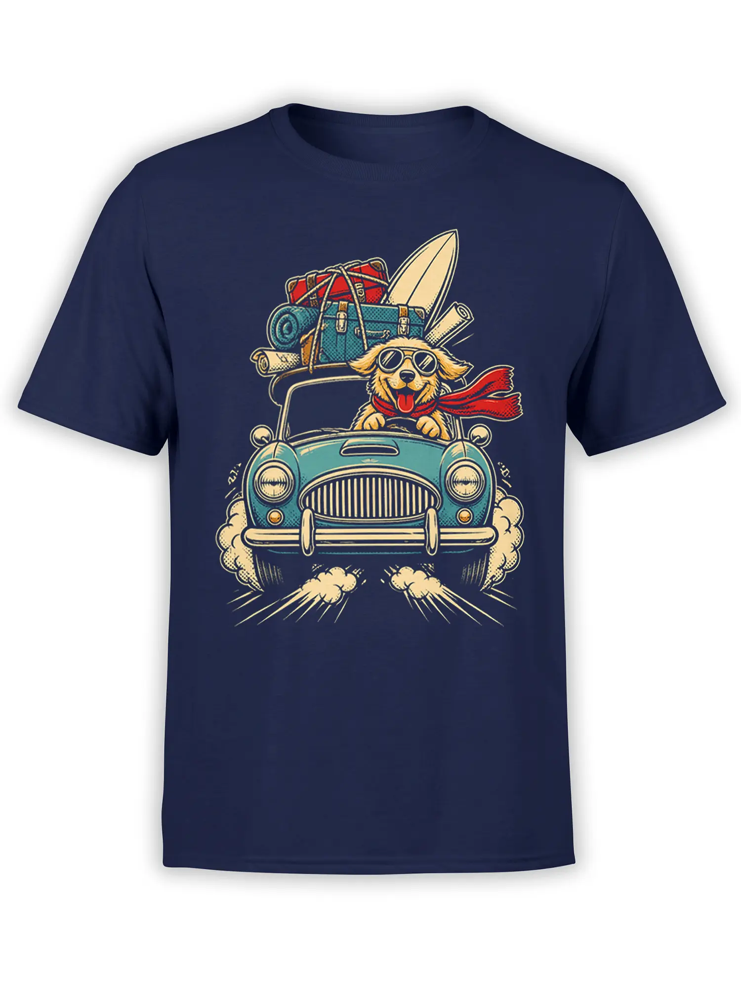 Goggle-wearing dog driving a vintage turquoise car with a surfboard on a navy blue T-shirt