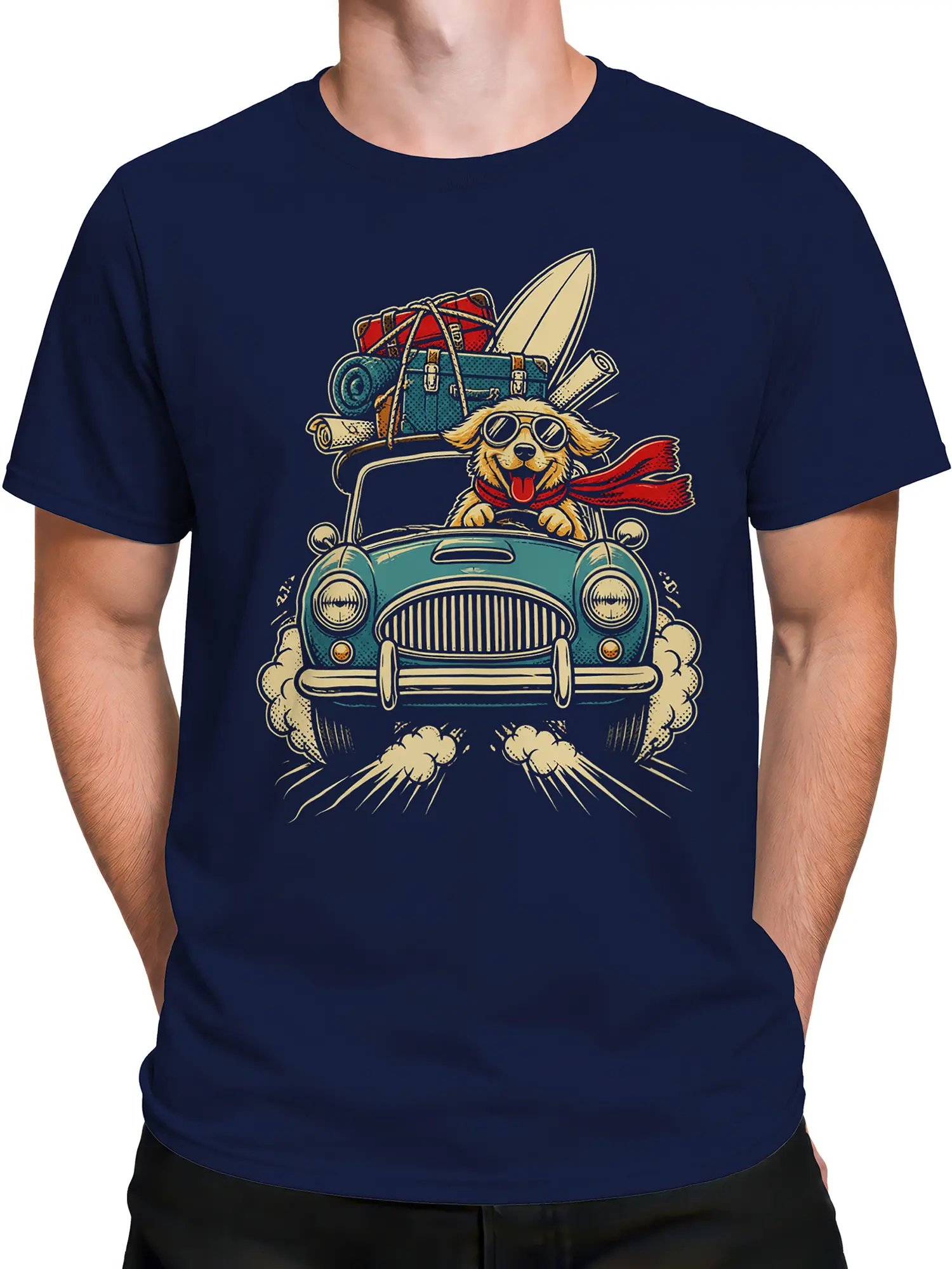 Male torso wearing a navy blue dog T-shirt with a vintage car and adventurous pup graphic