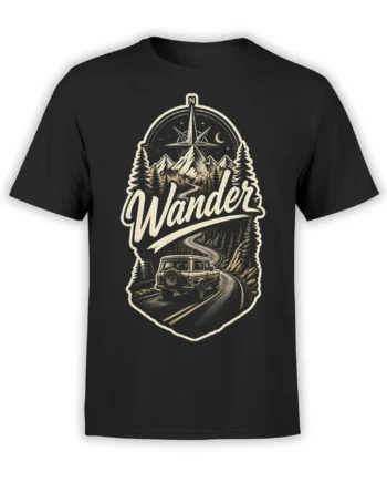 Black road trip T-shirt with vintage Wander design, compass, mountain landscape, pine trees, winding road, and SUV