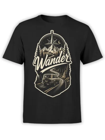 Black road trip T-shirt with vintage Wander design, compass, mountain landscape, pine trees, winding road, and SUV