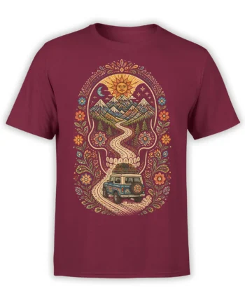 Vintage mountain road trip design with a blue van, snowy peaks, winding road, and flowers on a burgundy T-shirt