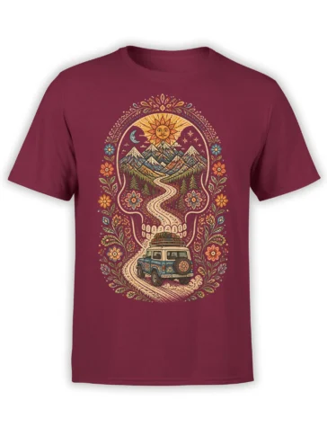 Vintage mountain road trip design with a blue van, snowy peaks, winding road, and flowers on a burgundy T-shirt