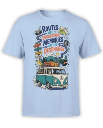 Light blue travel T-shirt with retro camper van, mountain road, road signs, and colorful adventure artwork