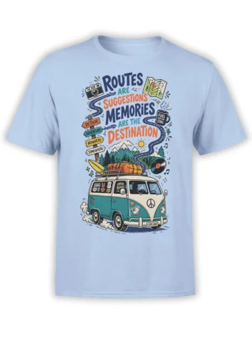 Light blue travel T-shirt with retro camper van, mountain road, road signs, and colorful adventure artwork