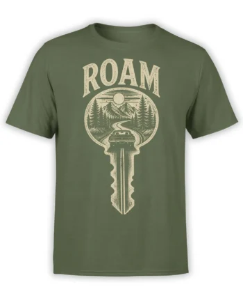 Olive green road trip T-shirt with cream ROAM lettering, a car, winding road, mountains, pine trees, and moon