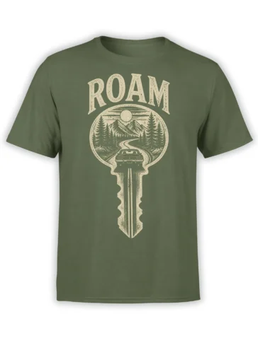 Olive green road trip T-shirt with cream ROAM lettering, a car, winding road, mountains, pine trees, and moon