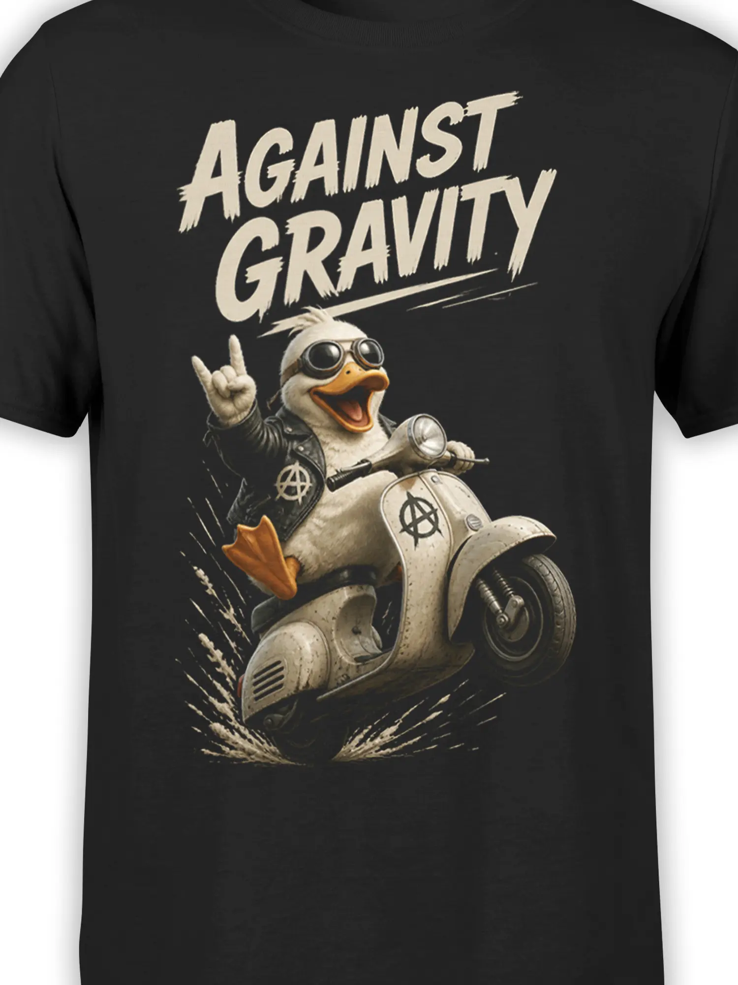 Close-up of punk duck artwork on a black T-shirt with goggles, scooter details, anarchy symbols, and distressed lettering