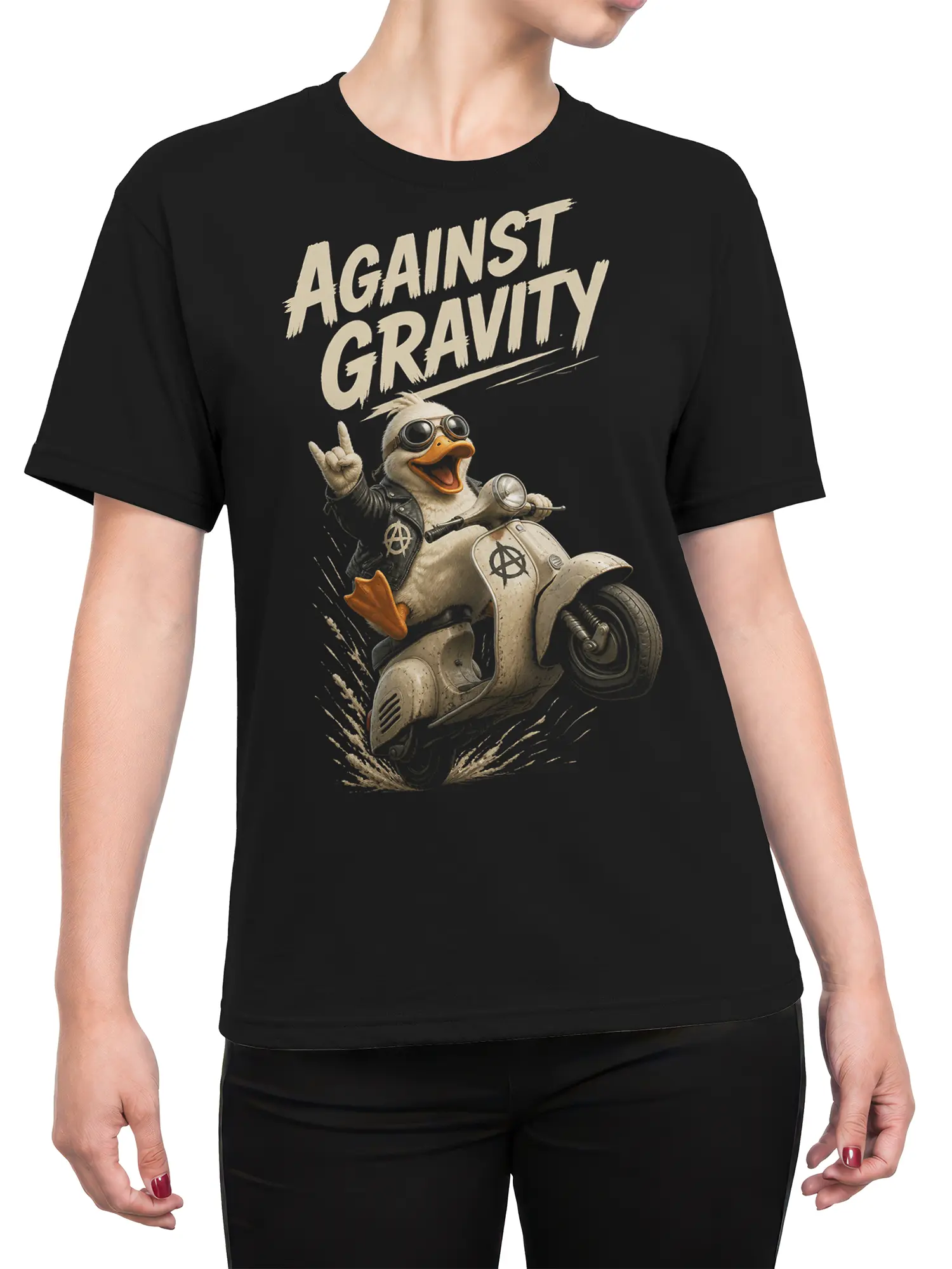 Female torso wearing a black T-shirt with a punk duck riding a scooter beneath “AGAINST GRAVITY” text