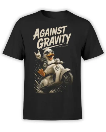 Black T-shirt with a goggle-wearing duck riding a vintage scooter under “AGAINST GRAVITY” lettering