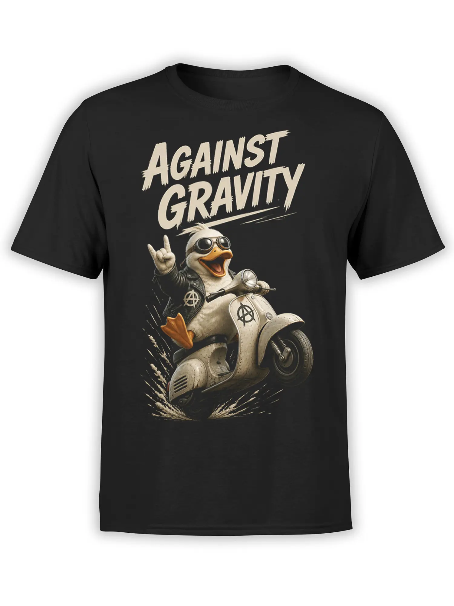 Black T-shirt with a goggle-wearing duck riding a vintage scooter under “AGAINST GRAVITY” lettering