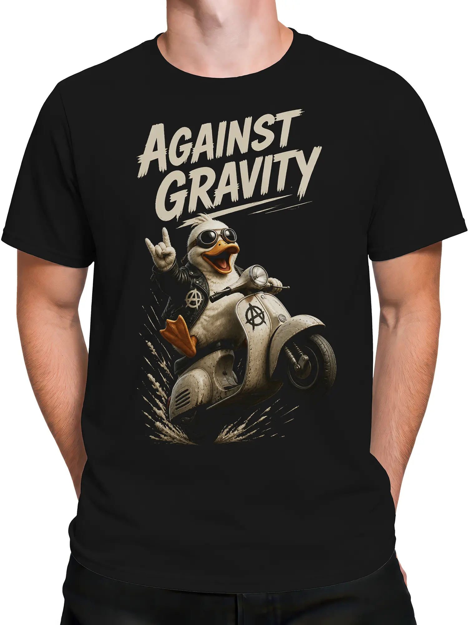 Male torso wearing a black punk duck T-shirt with a vintage scooter and “AGAINST GRAVITY” artwork