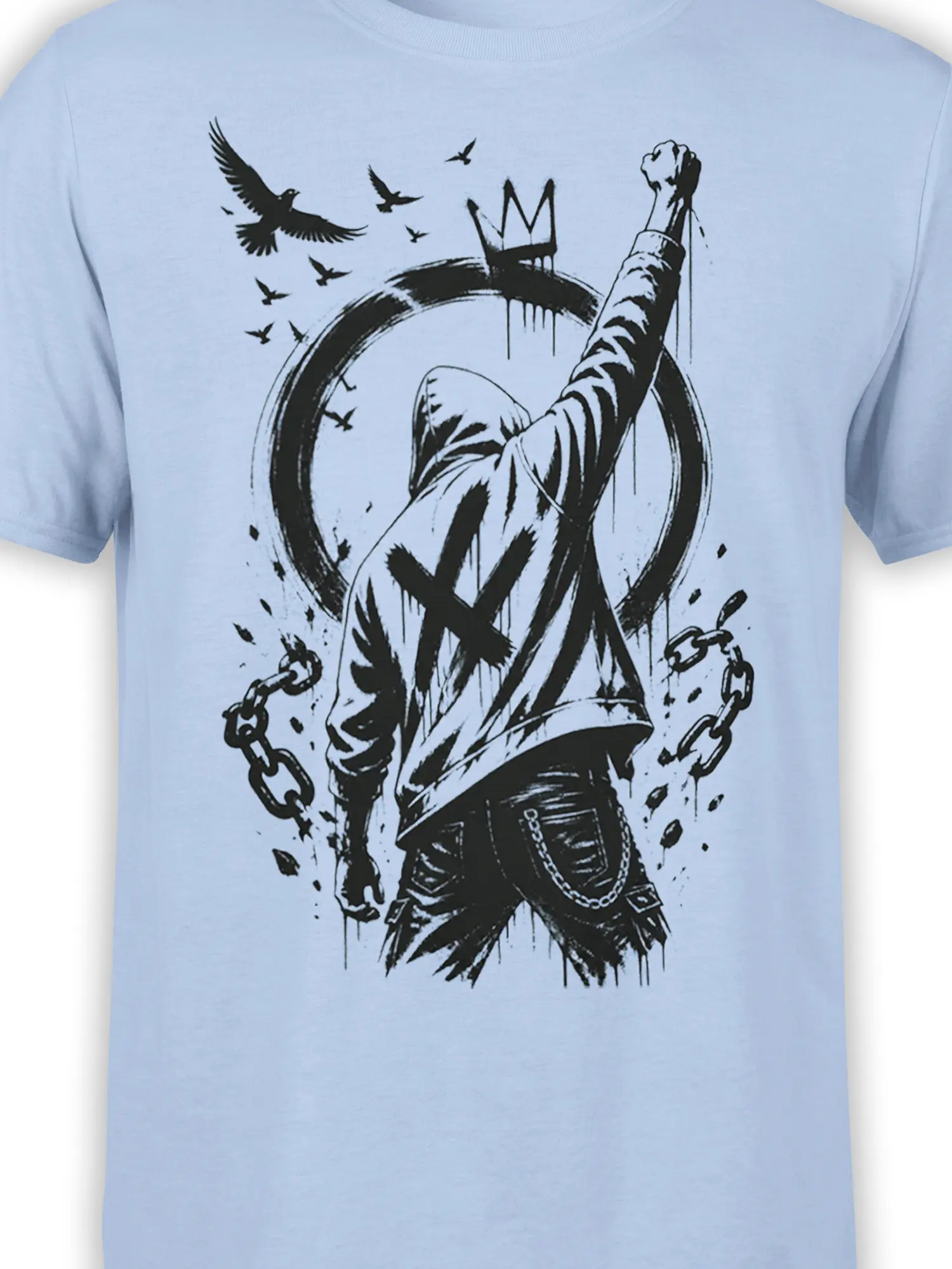 Close-up of hooded rebel artwork with broken chains on a light blue T-shirt