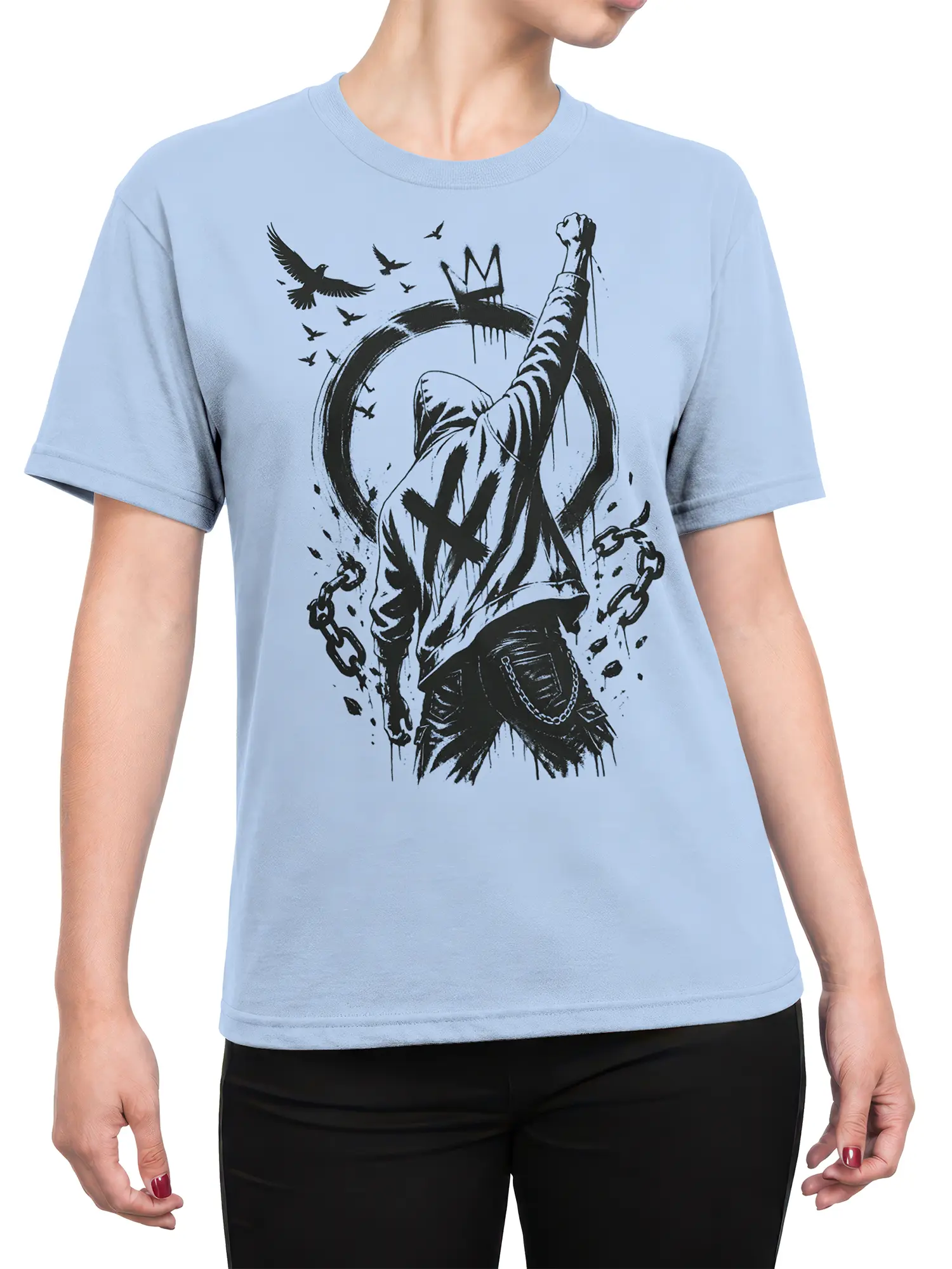Female torso wearing a light blue T-shirt with hooded rebel and broken chain artwork
