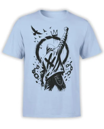 Hooded rebel with raised fist and broken chains on a light blue T-shirt