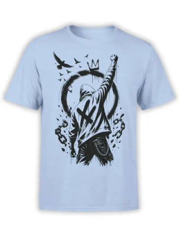 Hooded rebel with raised fist and broken chains on a light blue T-shirt