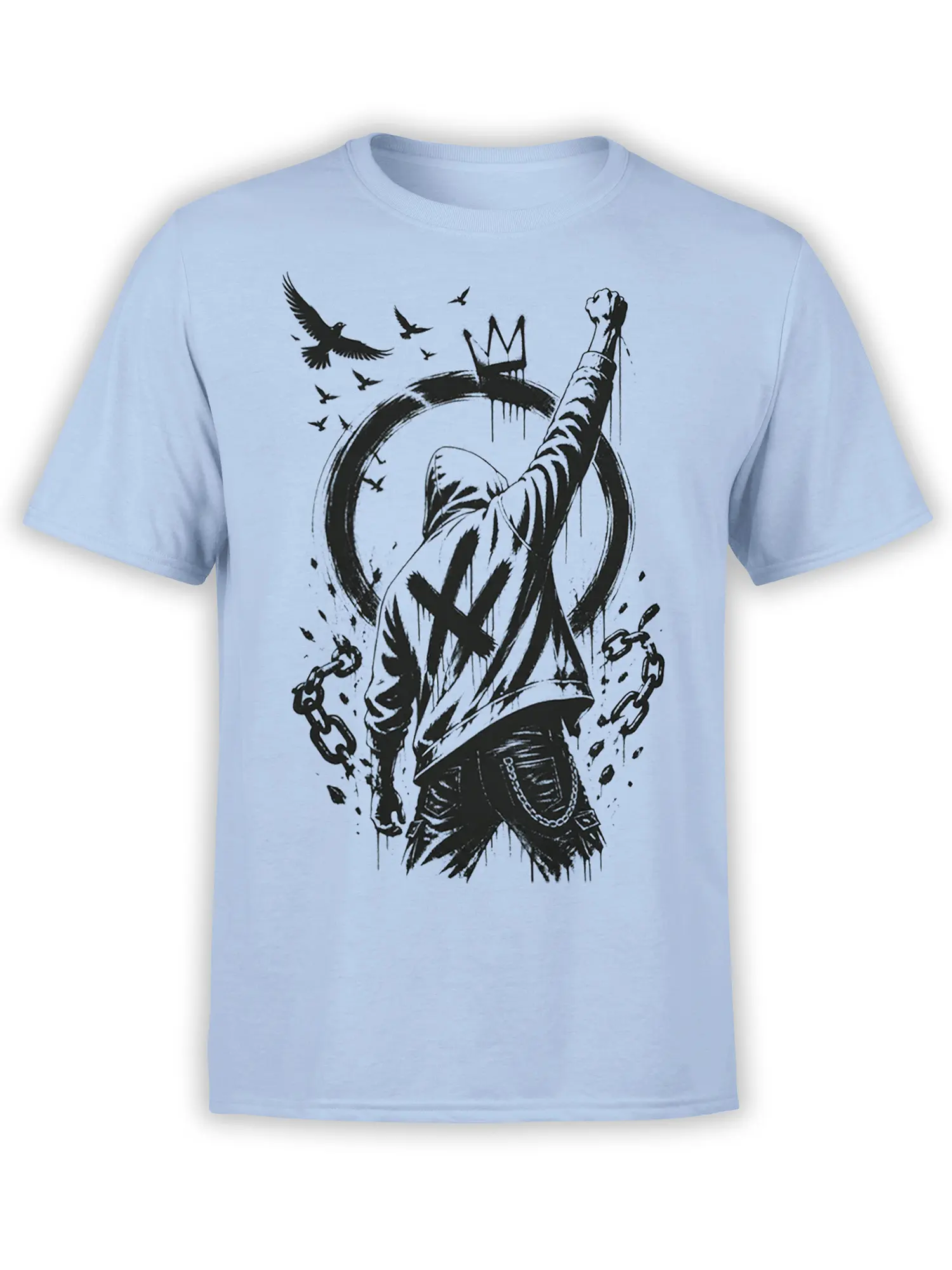 Hooded rebel with raised fist and broken chains on a light blue T-shirt