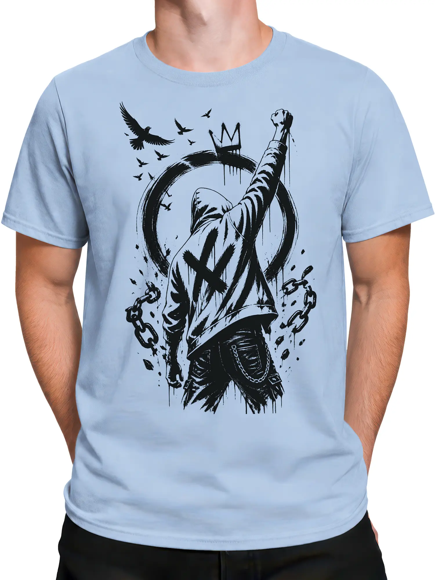 Male torso wearing light blue hooded rebel T-shirt with broken chain artwork