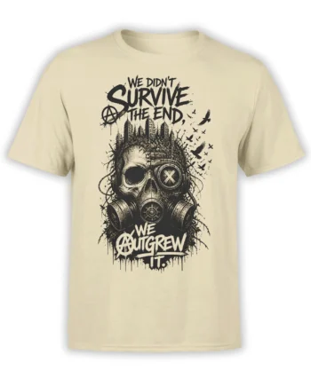 Beige T-shirt with distressed gas mask skull, ruined city, flying birds, and rebellious survival lettering