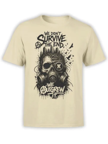 Beige T-shirt with distressed gas mask skull, ruined city, flying birds, and rebellious survival lettering