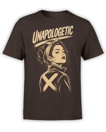 Brown T-shirt with a retro pinup woman, crossed arms, and bold cream UNAPOLOGETIC lettering
