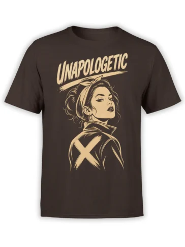 Brown T-shirt with a retro pinup woman, crossed arms, and bold cream UNAPOLOGETIC lettering