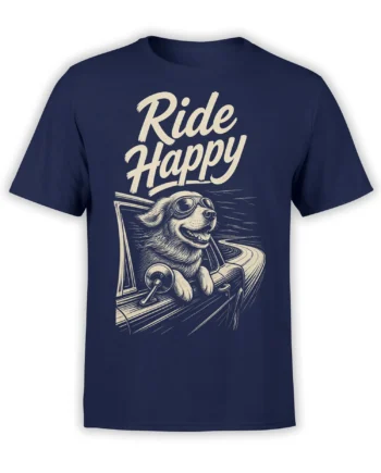 Vintage driving dog wearing goggles with “Ride Happy” lettering on a navy graphic T-shirt