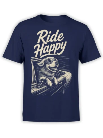 Vintage driving dog wearing goggles with “Ride Happy” lettering on a navy graphic T-shirt