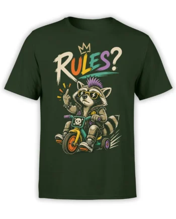 Colorful punk raccoon riding a wheel on a dark green shirt with bold “RULES?” lettering