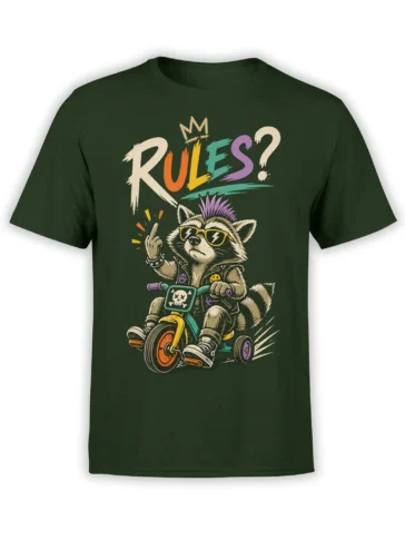 Colorful punk raccoon riding a wheel on a dark green shirt with bold “RULES?” lettering