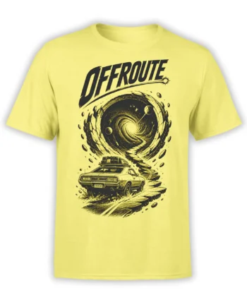 Yellow T-shirt with a vintage car driving toward a swirling cosmic portal and bold OFFROUTE lettering